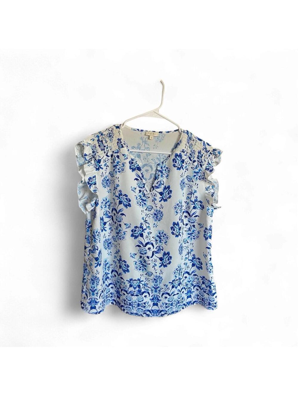 Elegant Blue Floral Blouse with Ruffle Sleeves